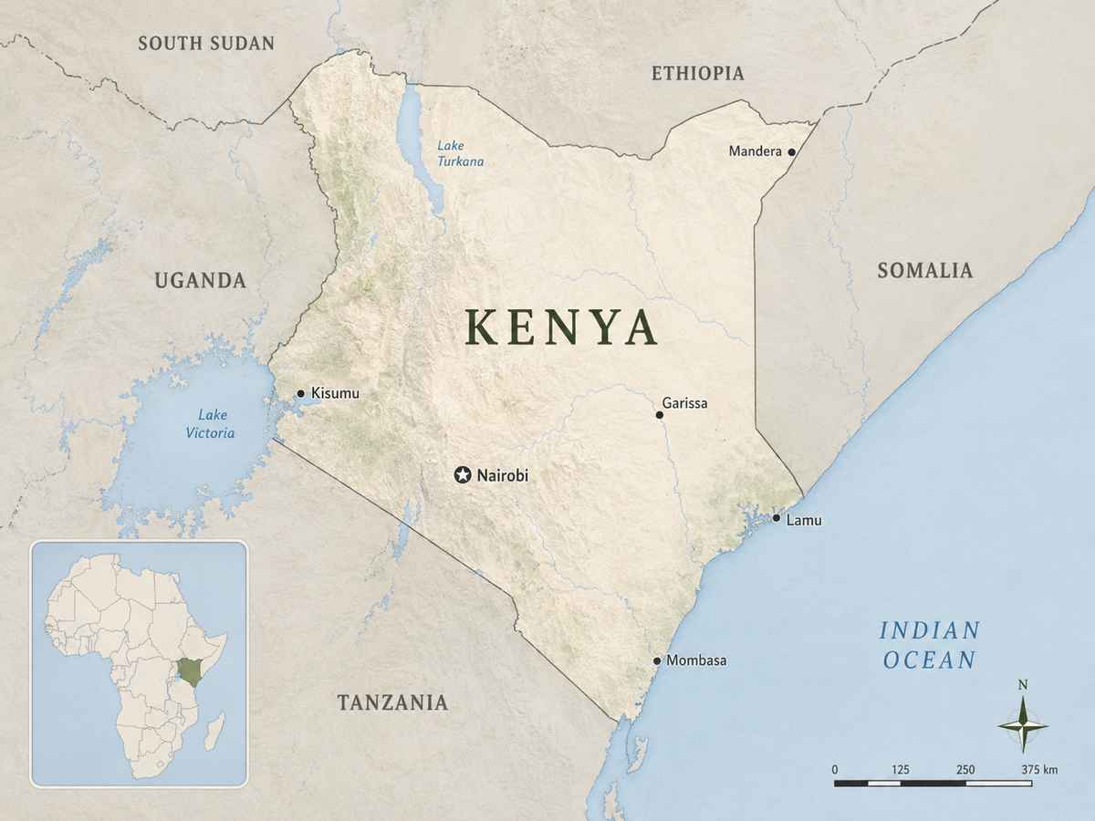 Map showing Kenya in East Africa, with neighboring countries including Uganda, South Sudan, Ethiopia, Somalia, and Tanzania, plus the Indian Ocean and a small Africa locator inset.