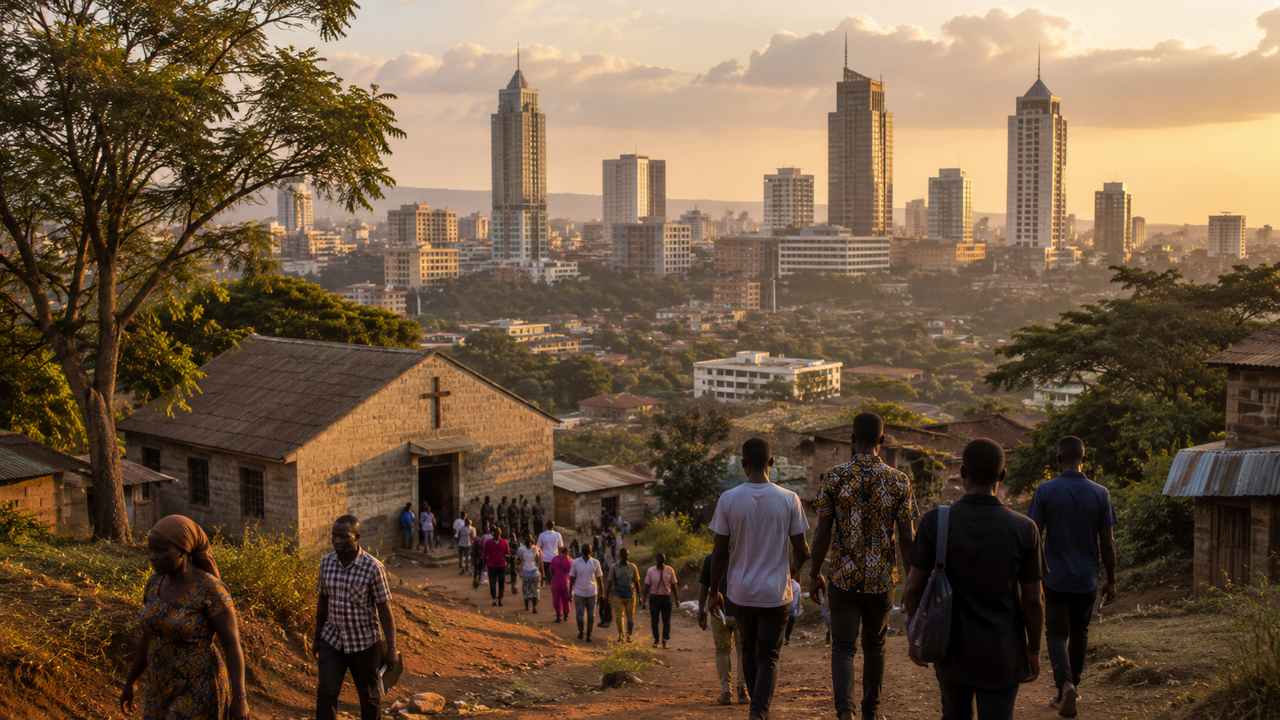 People walking near a church on a hillside overlooking a Kenyan city at golden hour.