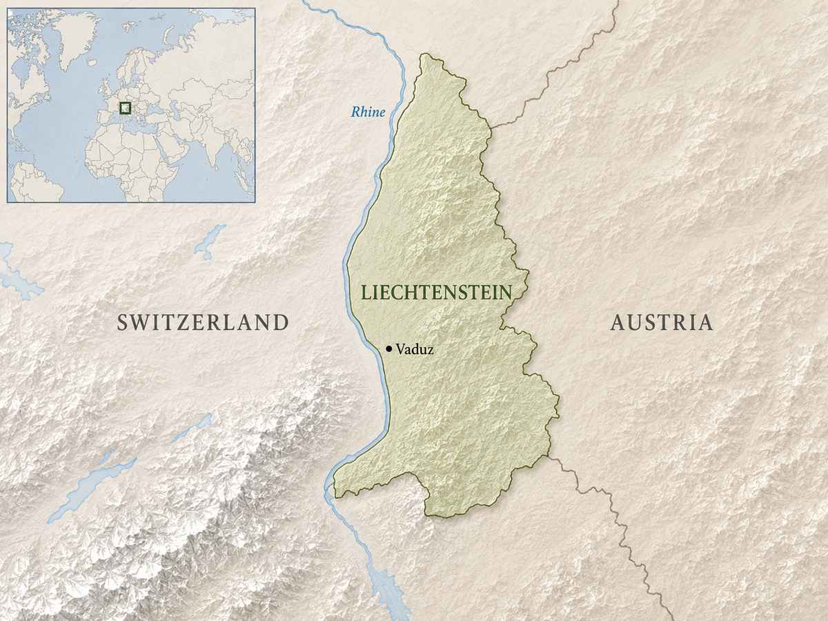 Map of Liechtenstein between Switzerland and Austria, with Vaduz marked, the Rhine labeled, and an inset showing its location in Europe.