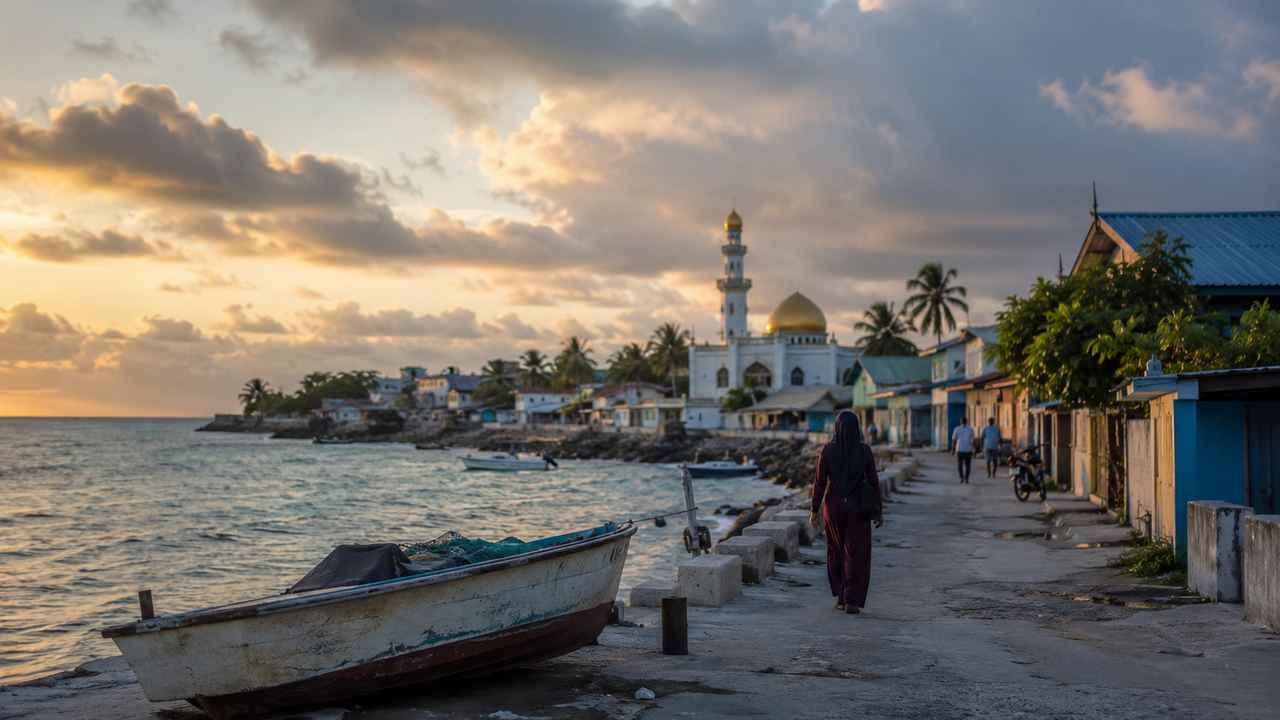 Quiet Maldivian coastal settlement at sunset with a small boat, shoreline homes, a mosque, and a person walking along the waterfront.