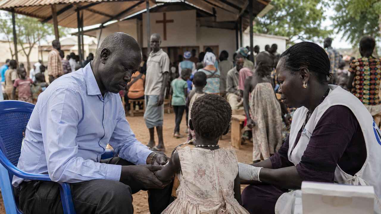 A community care scene near a church in South Sudan, with adults helping a child during a gathering.