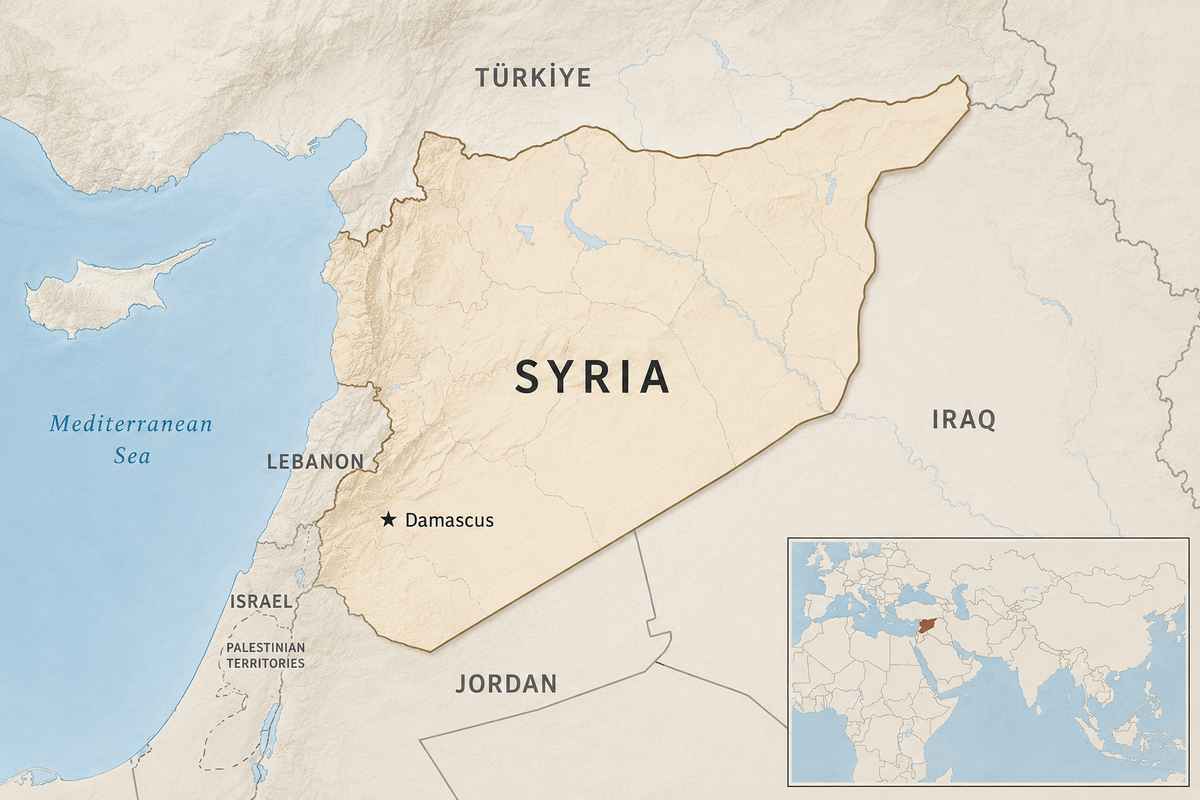 Map of Syria highlighted in the eastern Mediterranean, showing Damascus and neighboring countries including Türkiye, Iraq, Jordan, Lebanon, Israel, and the Palestinian territories.