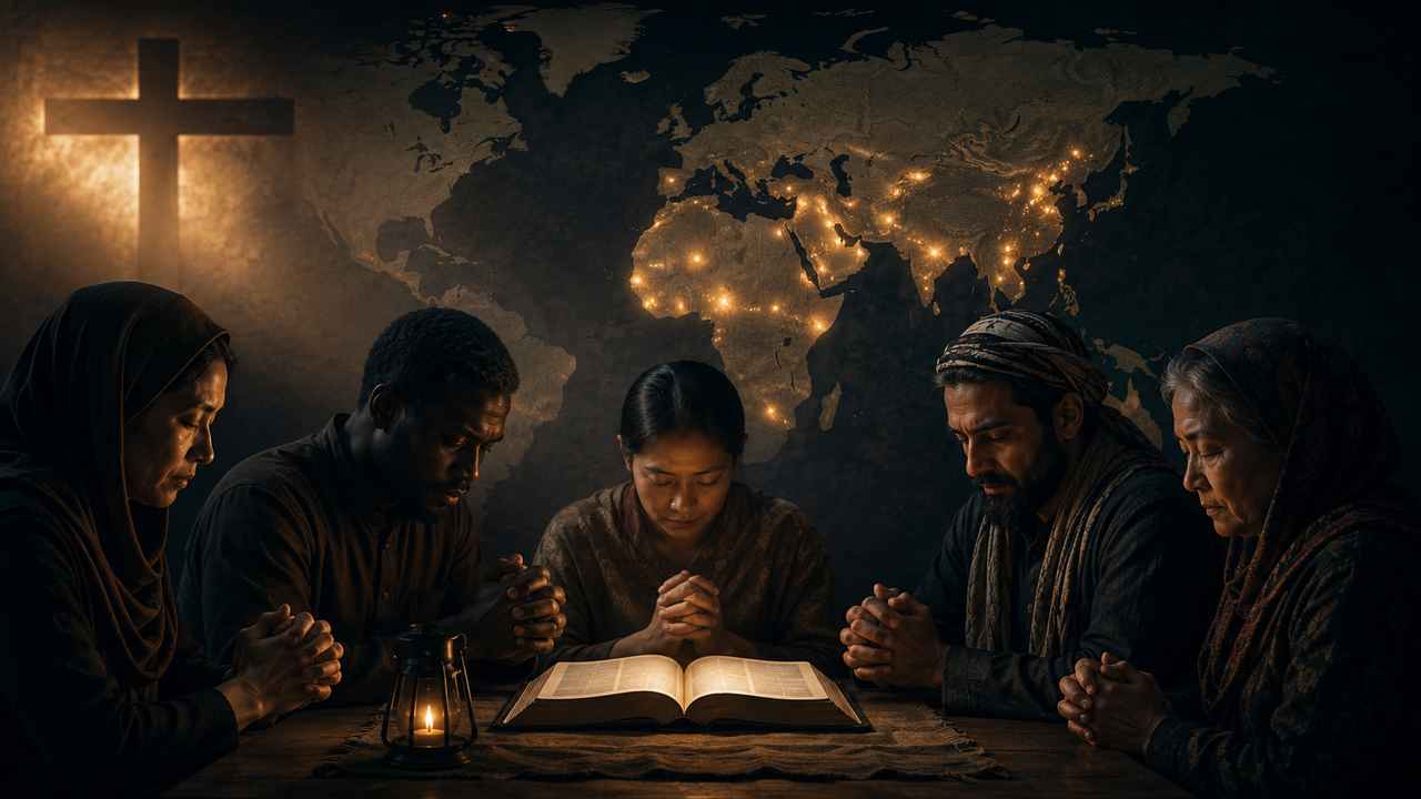 Alt text: A diverse group of believers pray around an open Bible beneath a softly lit world map, representing prayer for Christians facing persecution in June 2026.