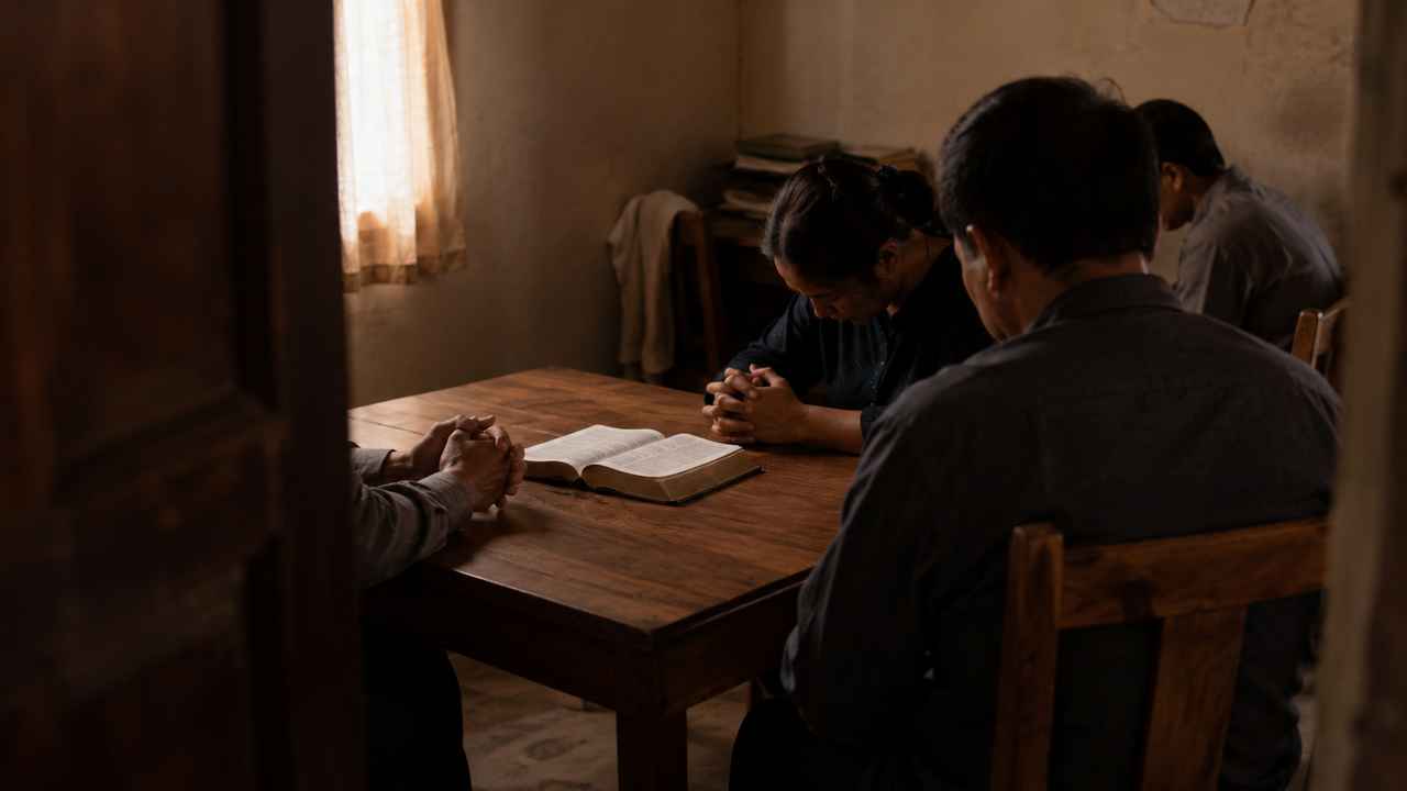 Adults gathered quietly around an open Bible, representing prayer for Christians facing persecution, restrictions, and hostility.
