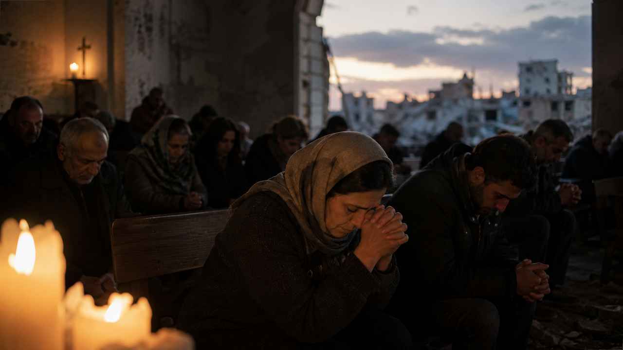 Adults pray inside a damaged church shelter at dusk, with ruined buildings visible outside.