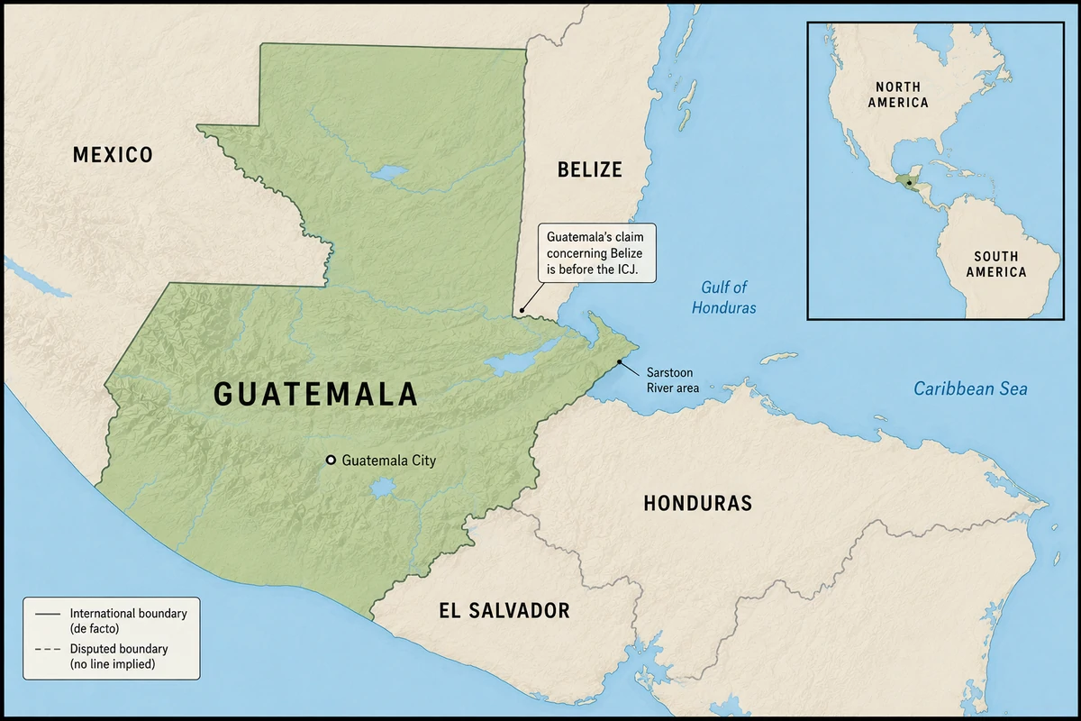 Map of Guatemala in Central America, with Mexico, Belize, Honduras, El Salvador, Guatemala City, Pacific and Caribbean coasts, and an Americas locator; a note says Guatemala’s claim concerning Belize is before the ICJ.