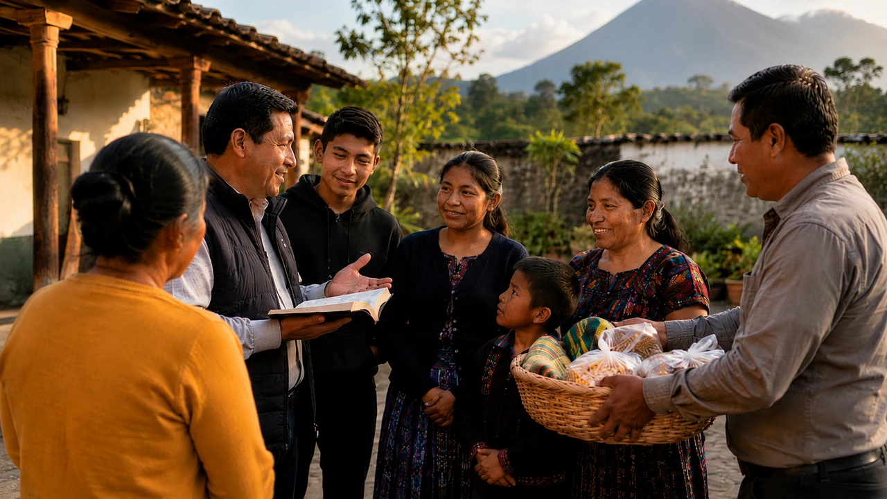 Guatemalan church members gather in a highland courtyard as a local pastor teaches from an open Bible and a neighbour holds a basket of food.