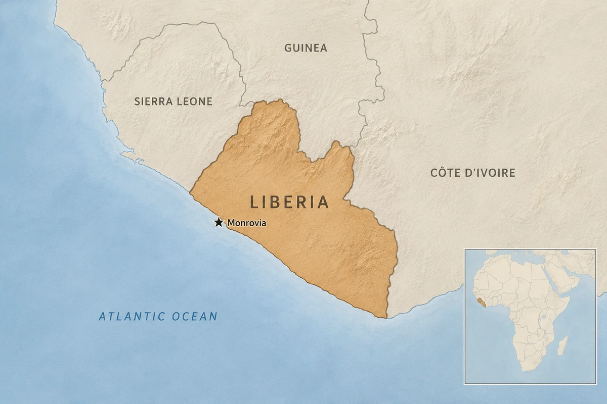 Map showing Liberia on the Atlantic coast of West Africa, bordered by Sierra Leone, Guinea, and Côte d’Ivoire, with Monrovia marked and Liberia highlighted in an Africa locator inset.