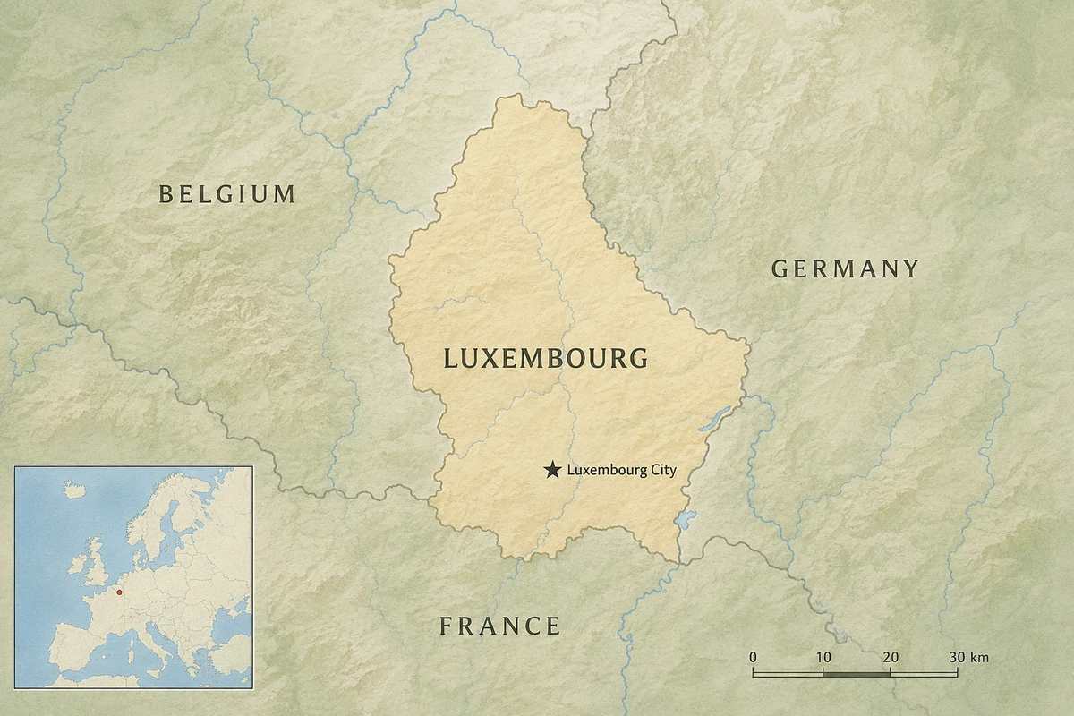Map of Luxembourg between Belgium, France, and Germany, with Luxembourg City marked and a locator showing its position in Europe.