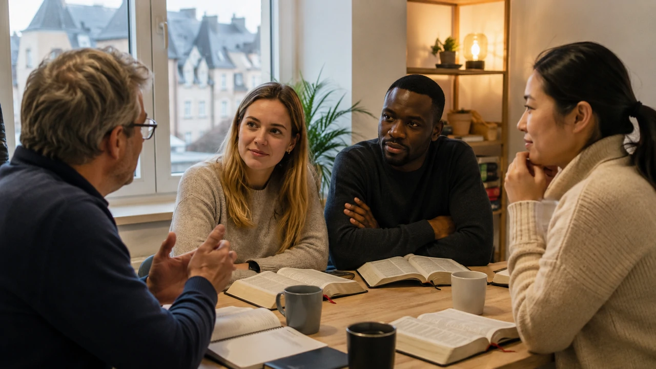 Four adults from different backgrounds discuss open Bibles together around a table in a modest urban room.