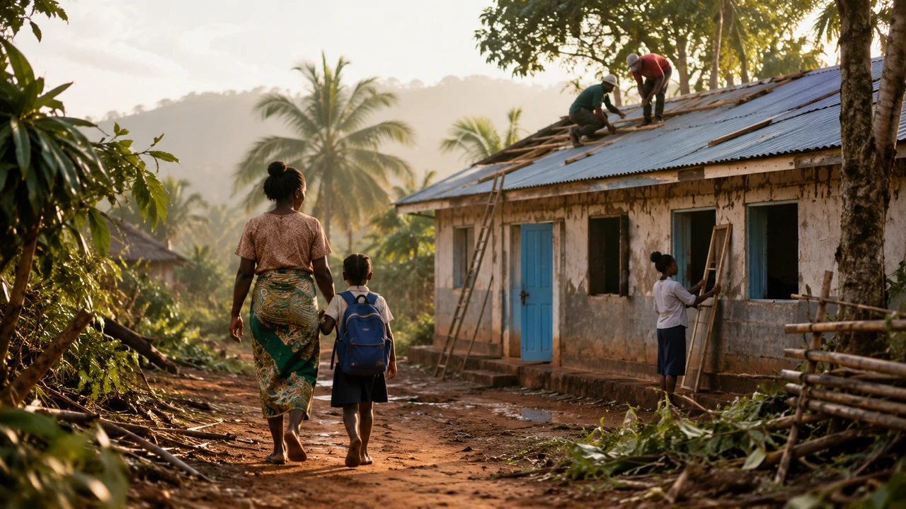 A mother and school-age child walk toward a rural Madagascar school while local adults repair its storm-damaged roof.