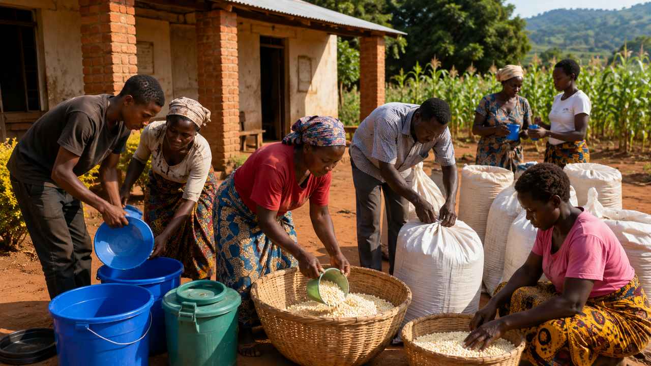 Adults and older youth in Malawi sorting maize and arranging water containers in a rural courtyard.