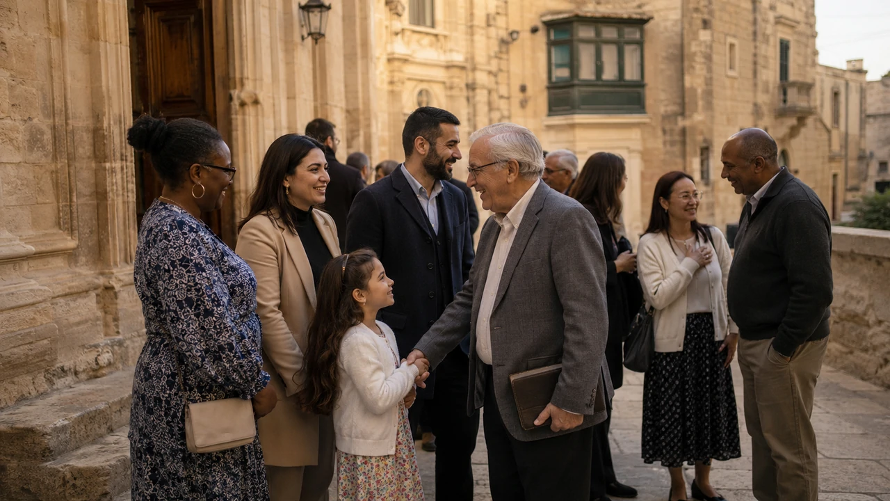 A child greets an older man holding a book as a diverse group gathers outside a limestone church in Malta.