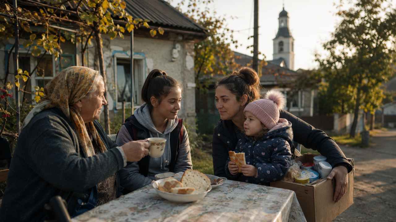 Older woman, teenage girl, mother and young child sharing tea and bread in a Moldovan village courtyard.