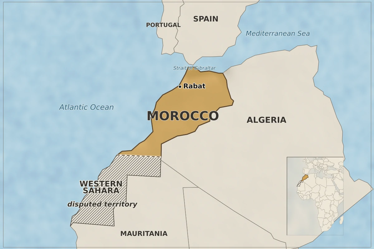 Map of Morocco in northwestern Africa, marking Rabat, the Atlantic Ocean and Mediterranean Sea, with Western Sahara shown separately and an Africa locator inset.