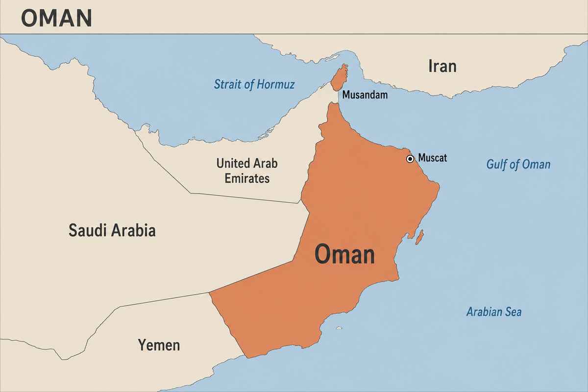 Map of Oman highlighted in its regional setting, showing Muscat, Musandam separated from mainland Oman by United Arab Emirates territory, and the Strait of Hormuz, Gulf of Oman and Arabian Sea.