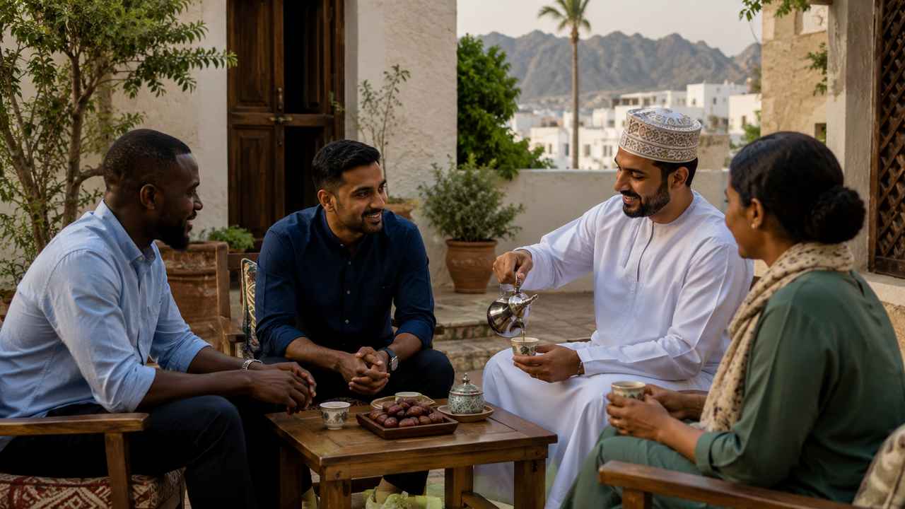 Four adults share tea and dates in a Muscat courtyard, with pale buildings and rocky mountains in the background.