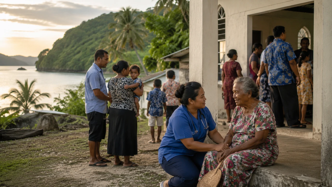 A nurse speaks with an older woman outside a coastal church as families gather in a Palauan island community.
