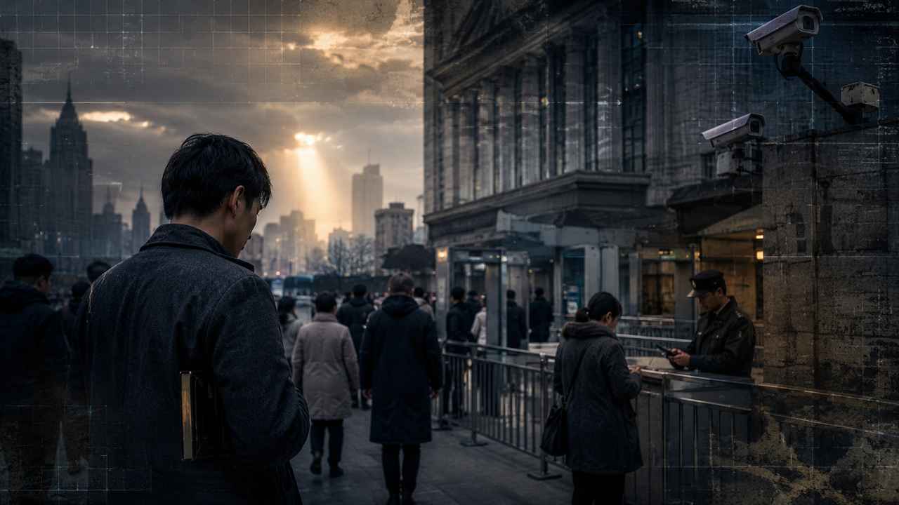 Symbolic urban public-space scene with surveillance cameras, security barriers, subdued citizens, and a small book, representing state restrictions and public life under pressure.