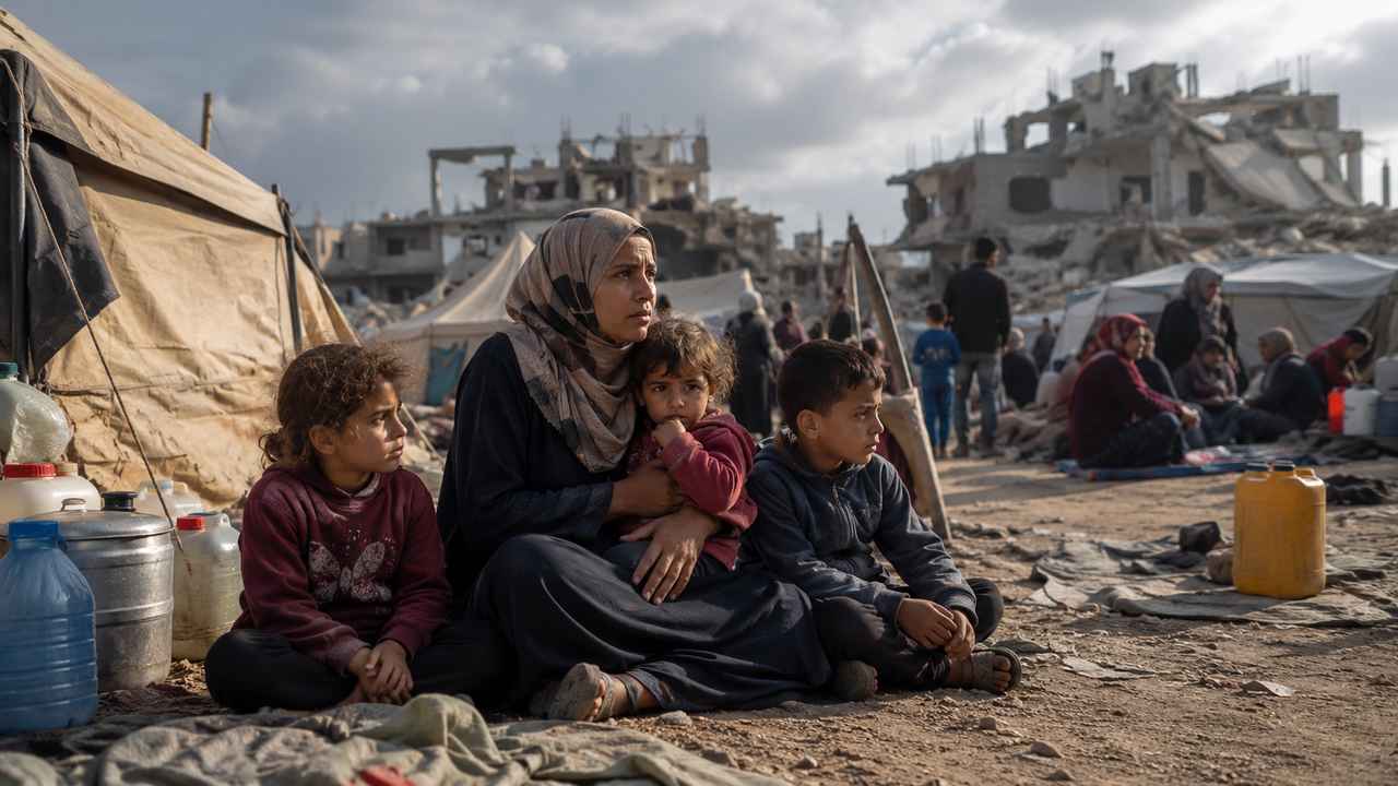 Displaced mother and children beside water containers near temporary shelters and damaged buildings.
