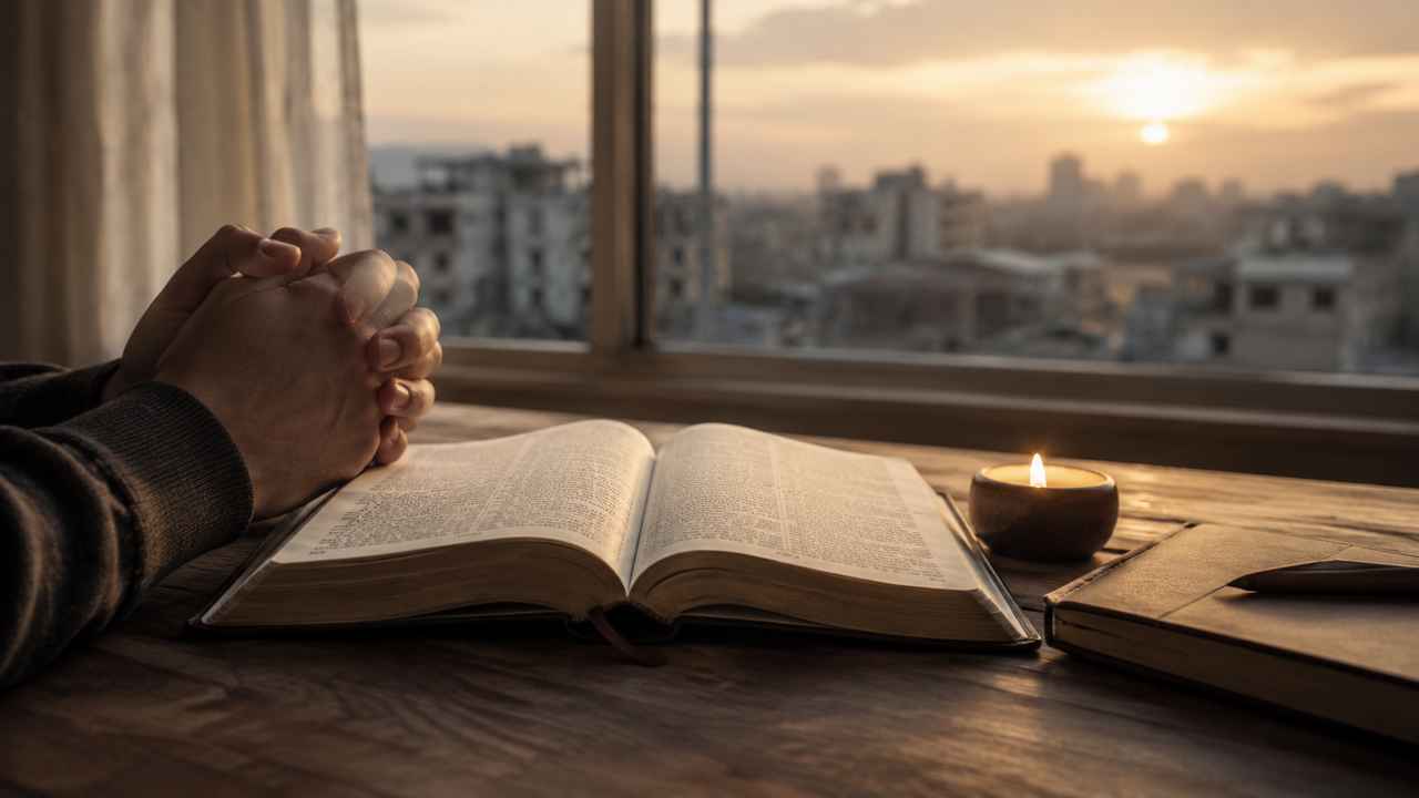 Open Bible and clasped hands on a prayer table, with a candle and a blurred conflict-affected city beyond the window.