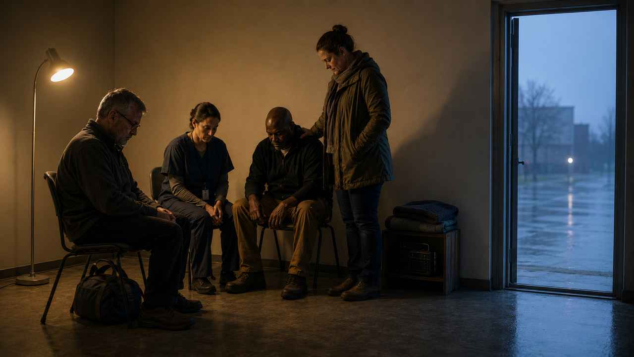 Four adults gathered quietly before dawn, with one person resting a supportive hand on another’s shoulder.