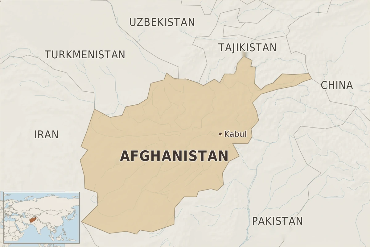 Map of Afghanistan showing Kabul and neighbouring Pakistan, Iran, Turkmenistan, Uzbekistan, Tajikistan and China, with an inset locating Afghanistan in Asia.