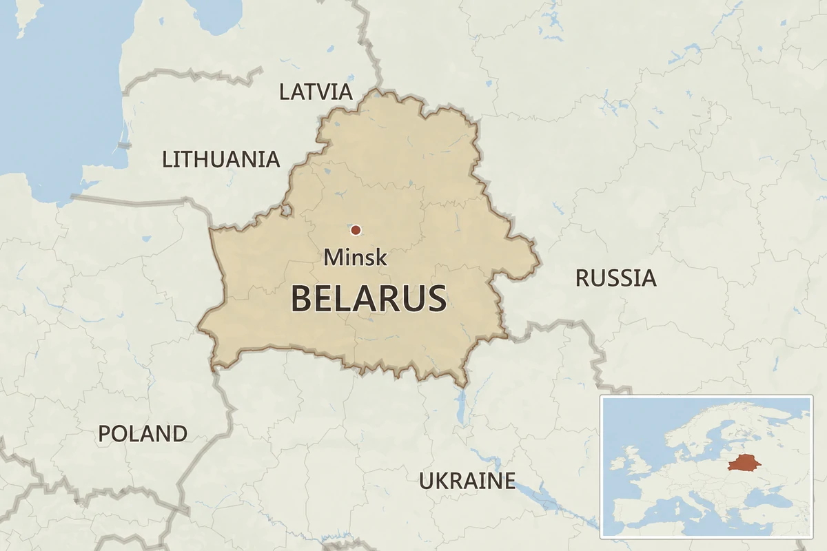 Map of Belarus showing Minsk and neighbouring Latvia, Lithuania, Poland, Russia and Ukraine, with Belarus highlighted in a wider-Europe locator.