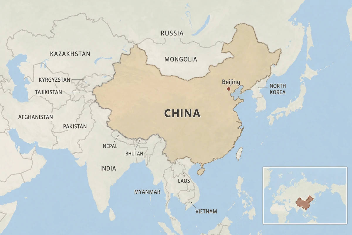 Map of China showing Beijing, all fourteen countries sharing its land borders, and a locator inset placing China within Asia.