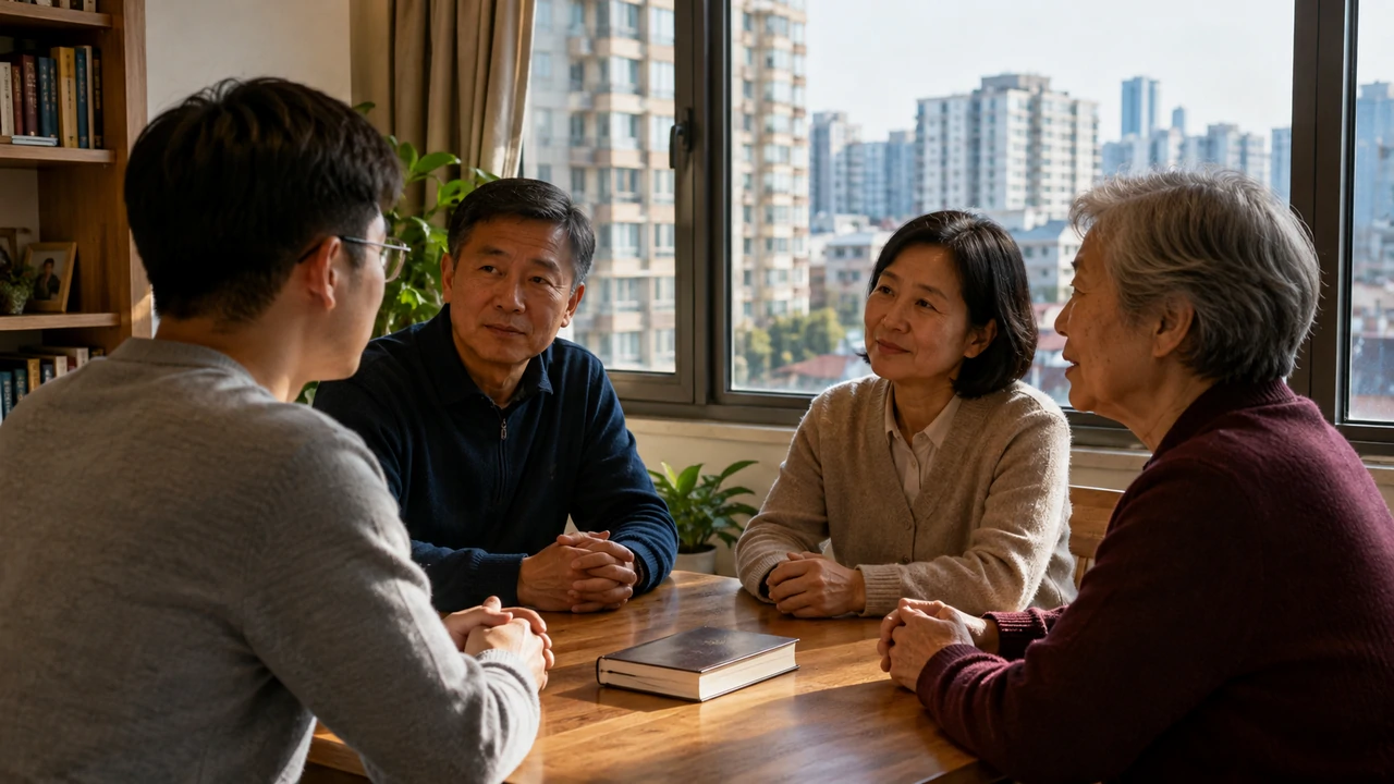 Four Chinese adults of different generations sit around a wooden table in a modern city apartment, listening to one another.