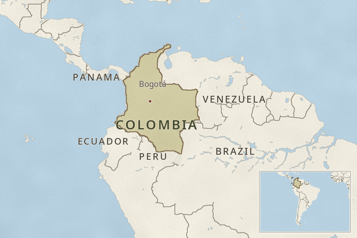 Map of Colombia in northern South America, showing Bogotá and neighboring Panama, Venezuela, Brazil, Peru, and Ecuador, with a South America locator inset.