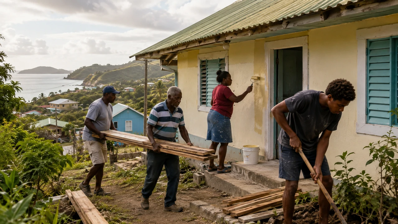 Four Grenadian church-community volunteers repair and repaint a modest building on a coastal hillside in Carriacou.