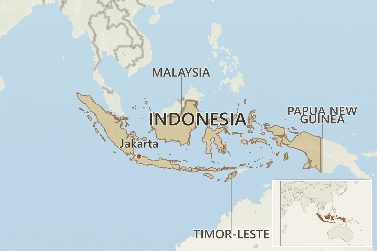 Map of Indonesia showing Jakarta, Malaysia, Timor-Leste, Papua New Guinea, and Indonesia's location in the wider Asia-Pacific region