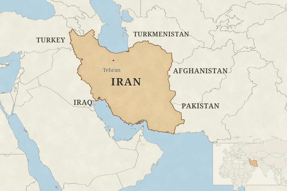 Map of Iran showing Tehran and neighbouring Turkey, Iraq, Turkmenistan, Afghanistan and Pakistan, with a wider regional locator inset.
