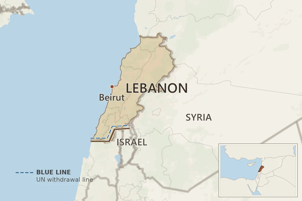 Map of Lebanon showing Beirut, Syria, Israel, the Mediterranean Sea, the Blue Line, and a wider Middle East locator highlighting Lebanon.