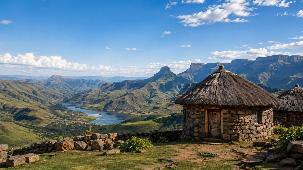 Stone huts overlooking a lake and mountain highlands in Lesotho under a bright blue sky