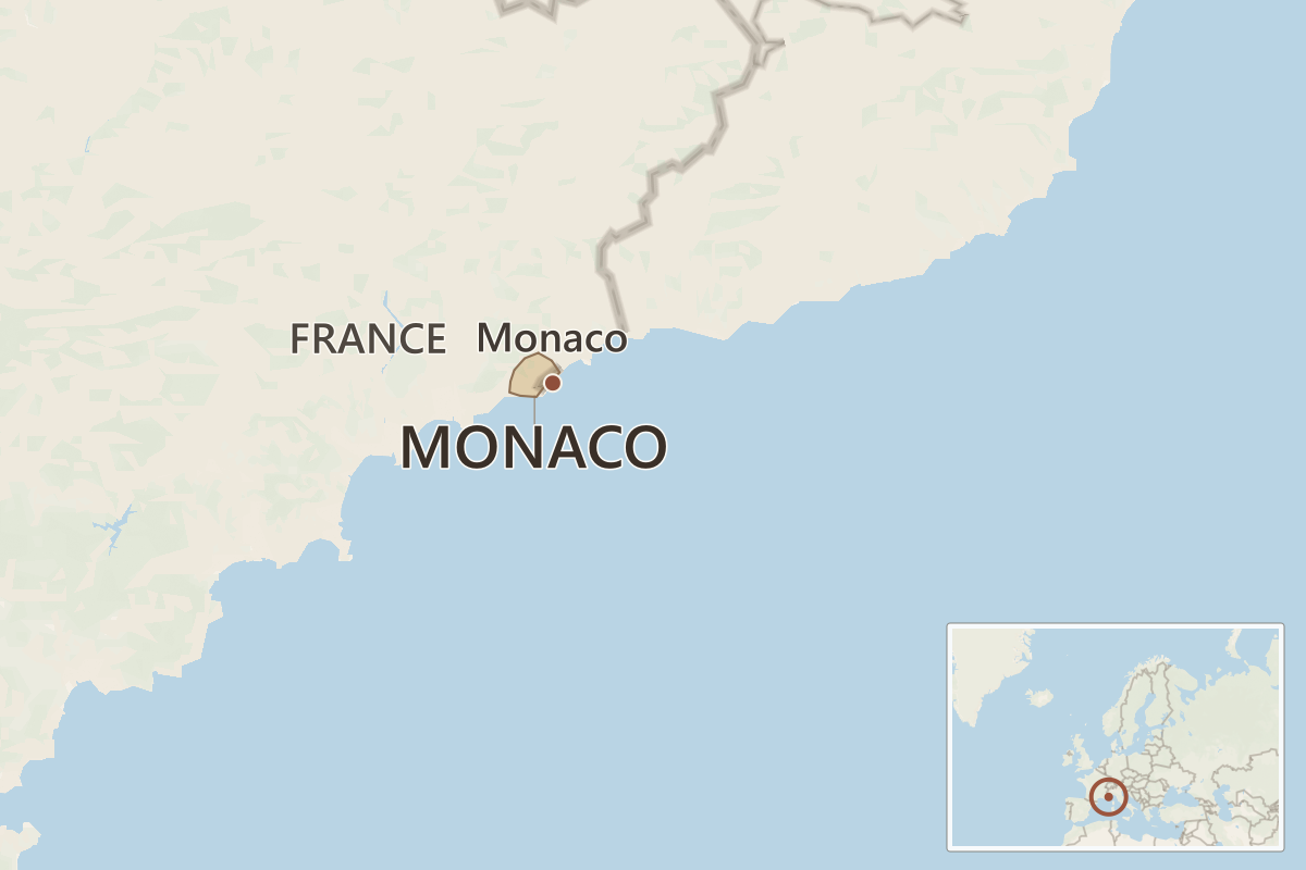 Map locating Monaco on the Mediterranean coast beside France, with an inset showing its position in Europe.