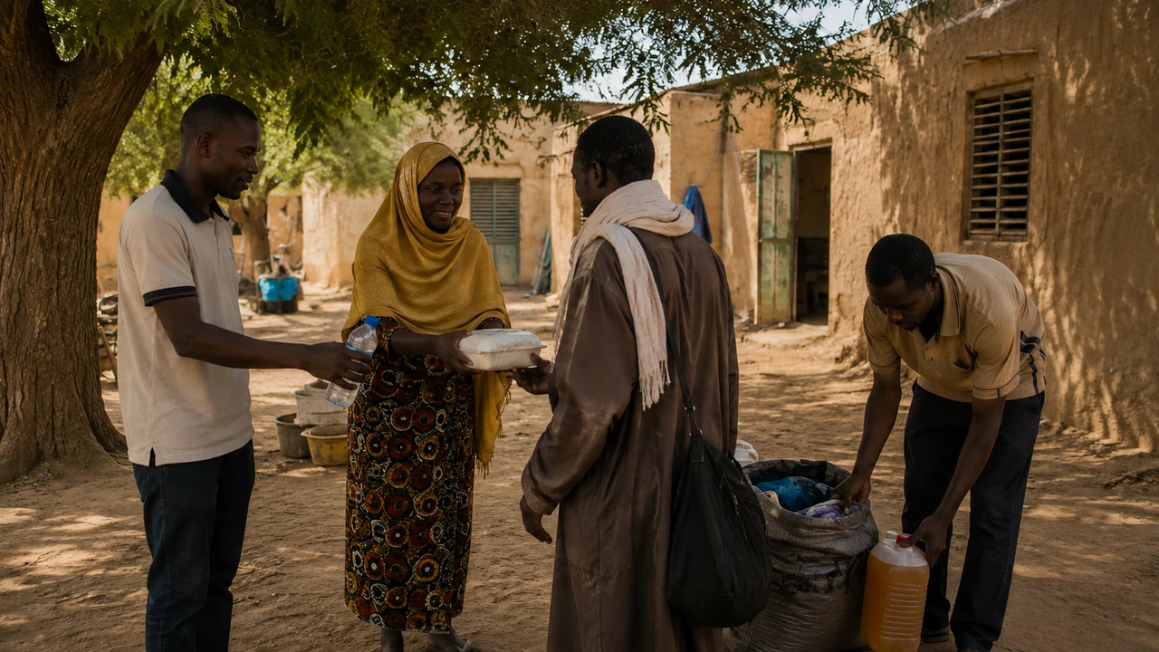 Four adults exchanging water, a food parcel, and practical supplies in a shaded Sahel courtyard.