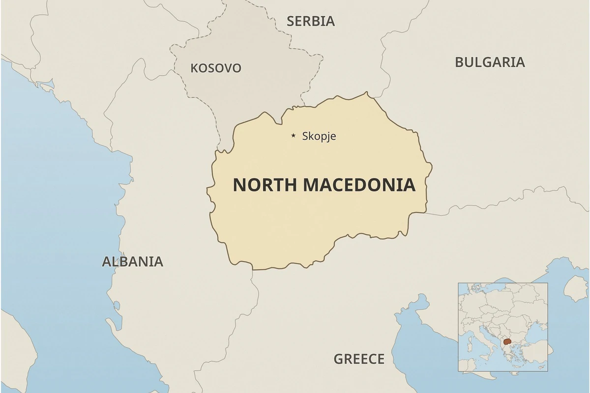 Map of North Macedonia showing Skopje and the surrounding border context of Kosovo, Serbia, Bulgaria, Greece and Albania, with a wider European locator.