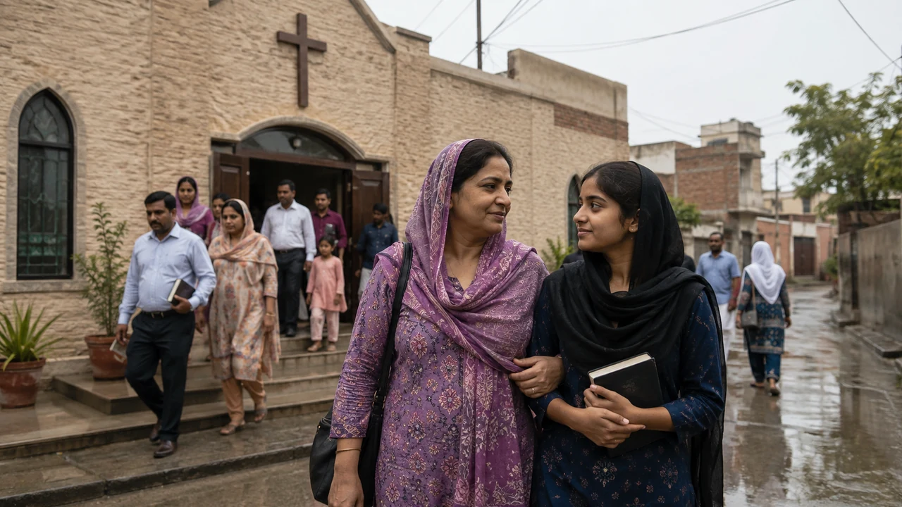 Two Pakistani women walking together outside a church as other congregants leave on a rain-wet neighborhood street.