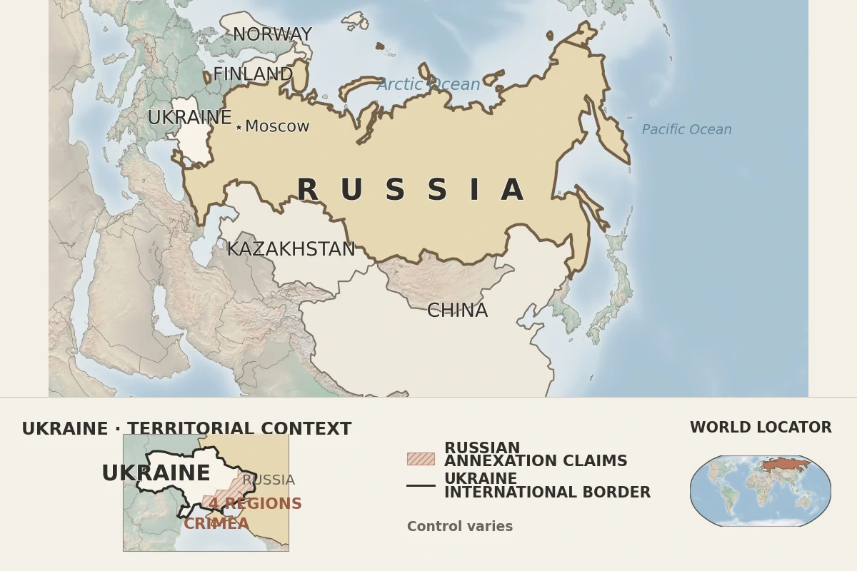 Map of Russia and neighboring countries showing Moscow, a world locator, and neutral context for Crimea and four Ukrainian regions claimed by Russia.