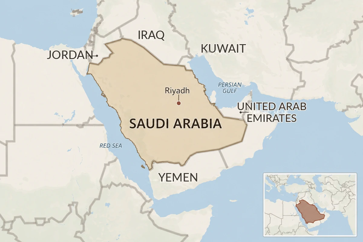 Map of Saudi Arabia and neighbouring countries, showing Riyadh, the Red Sea and the Persian Gulf, with an inset showing Saudi Arabia’s location in the wider Middle East.
