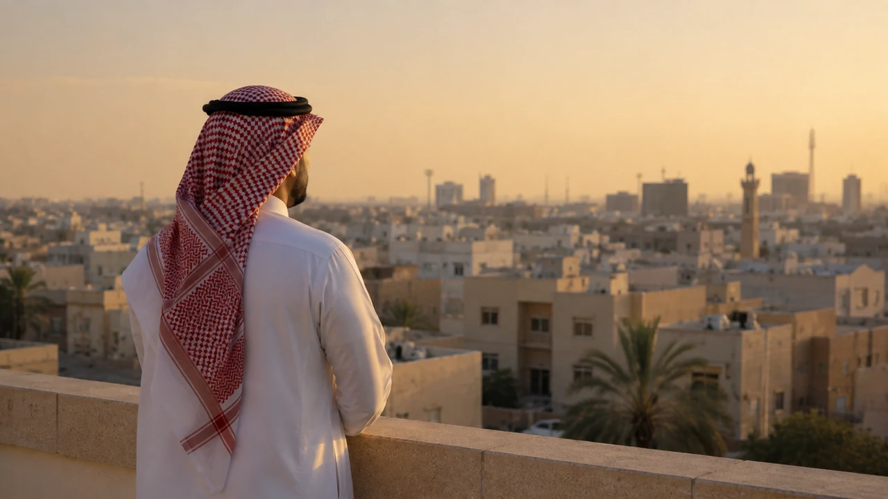 Man in Saudi dress overlooking a quiet Riyadh cityscape in warm evening light.