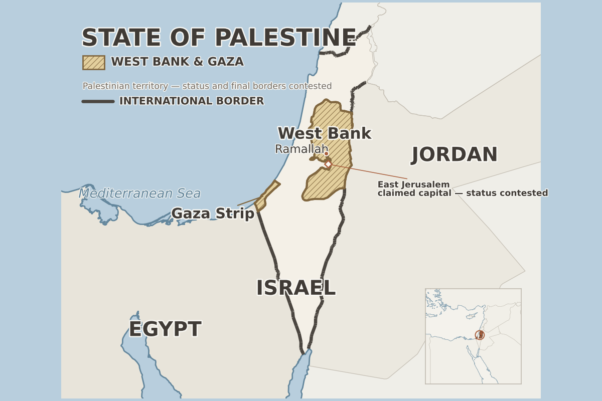 Map showing the West Bank and Gaza in relation to Israel, Jordan and Egypt, with a wider Middle East locator.