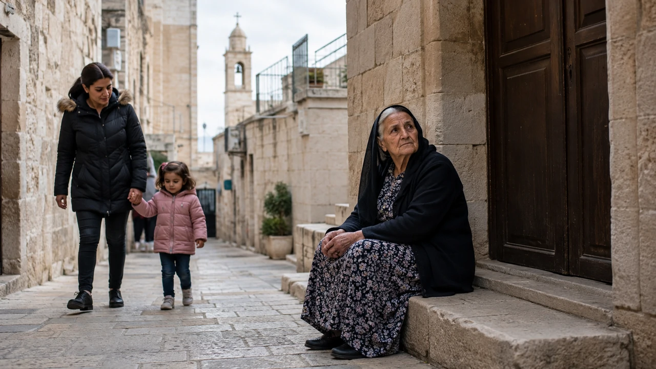 An older Palestinian woman sits beside a stone doorway as a mother and young child walk along a narrow limestone street near a church.