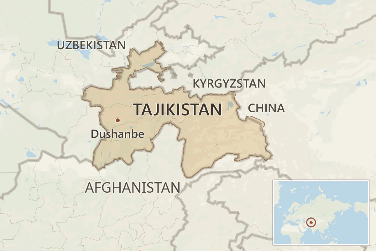 Map of Tajikistan in Central Asia showing Dushanbe, Afghanistan, China, Kyrgyzstan, Uzbekistan, and a wider-world locator.