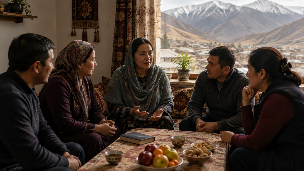 Five adults gathered around a low table in a Tajik home, with a mountain settlement visible through the window.