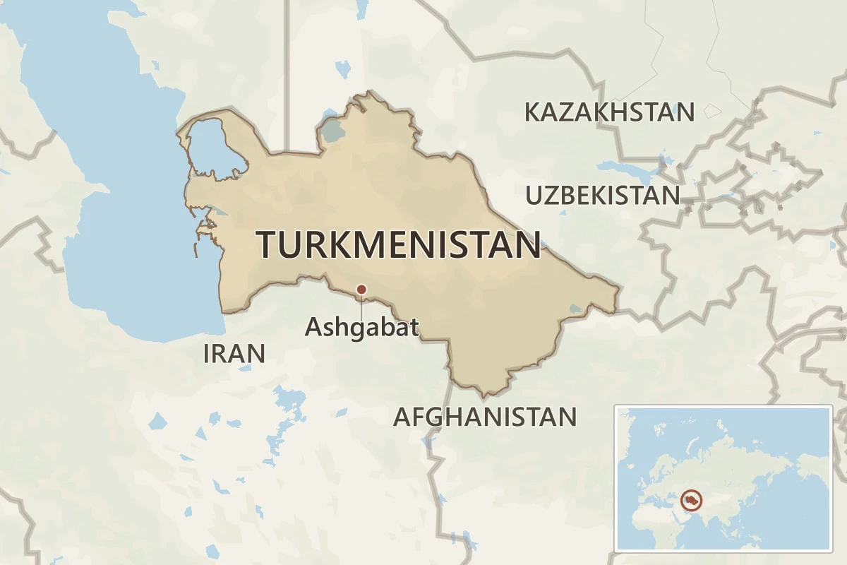Map showing Turkmenistan in Central Asia beside the Caspian Sea, with Kazakhstan, Uzbekistan, Afghanistan, Iran, Ashgabat, and a wider Eurasia locator.
