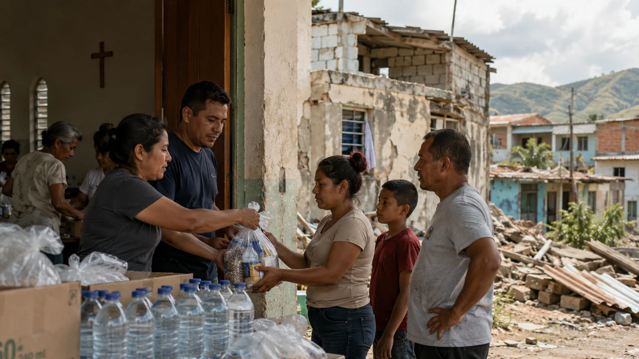 Community volunteers distribute bottled water and relief supplies to a family beside a damaged church in an illustrative Venezuela earthquake-recovery scene.