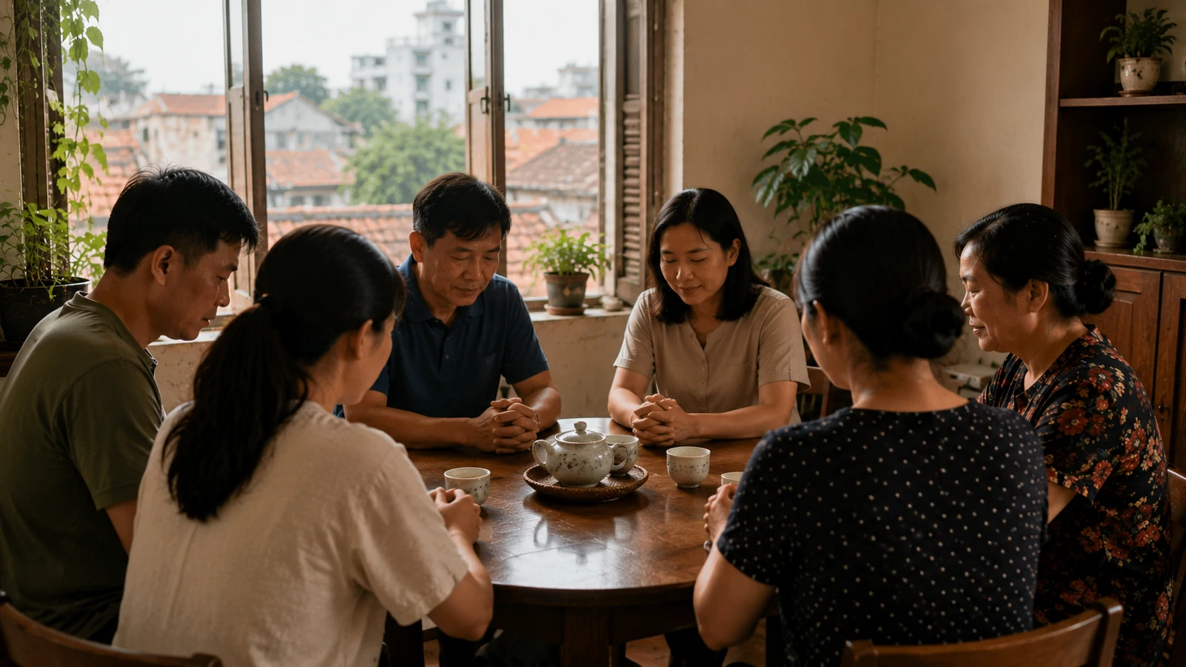 Six Vietnamese adults gathered around a table in prayer inside a modest home overlooking city rooftops.